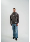 Double Oversize Kapşonlu Şimşek Pano Baskılı SweatShirt - Füme