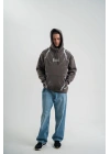 Double Oversize Kapşonlu Şimşek Pano Baskılı SweatShirt - Füme