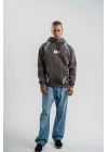 Double Oversize Kapşonlu Şimşek Pano Baskılı SweatShirt - Füme