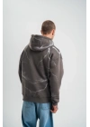 Double Oversize Kapşonlu Şimşek Pano Baskılı SweatShirt - Füme