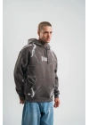 Double Oversize Kapşonlu Şimşek Pano Baskılı SweatShirt - Füme
