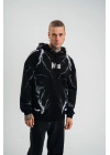 Double Oversize Kapşonlu Şimşek Pano Baskılı SweatShirt - Siyah