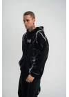 Double Oversize Kapşonlu Şimşek Pano Baskılı SweatShirt - Siyah