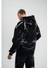 Double Oversize Kapşonlu Şimşek Pano Baskılı SweatShirt - Siyah