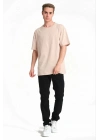 Erkek 24/1 Düz A Kalite Oversize T-shirt - Bej