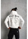 Erkek Baskılı Kapşonlu Sweat - Beyaz