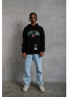Erkek Baskılı Kapüşonlu Sweatshirt - Siyah