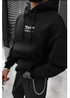 Erkek Baskılı Kapüşonlu ve Kordon İpli Sweat - Siyah