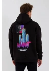 Erkek Baskılı Üç İplik Kapüşonlu Oversize Sweatshirt - Siyah