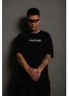 Erkek Bisiklet Yakalı Sırt Baskılı Oversize T-Shirt - Siyah