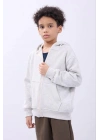 Erkek Çocuk Kapüşonlu Kanguru Çepli Tam Fermuarlı Hırka SweatShirt - Gri