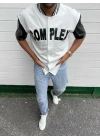 Erkek Complex Kolları Deri Kolej Oversize T-Shirt - Beyaz