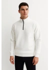 Erkek Dik Yaka Sweatshirt Dik Yaka Yarım Fermuarlı 3 İplik Şardonlu Pamuk Kumaş - Beyaz