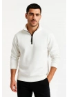 Erkek Dik Yaka Sweatshirt Dik Yaka Yarım Fermuarlı 3 İplik Şardonlu Pamuk Kumaş - Beyaz