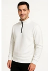 Erkek Dik Yaka Sweatshirt Dik Yaka Yarım Fermuarlı 3 İplik Şardonlu Pamuk Kumaş - Beyaz