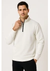 Erkek Dik Yaka Sweatshirt Dik Yaka Yarım Fermuarlı 3 İplik Şardonlu Pamuk Kumaş - Beyaz