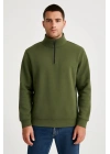 Erkek Dik Yaka Sweatshirt Dik Yaka Yarım Fermuarlı 3 İplik Şardonlu Pamuk Kumaş - Haki
