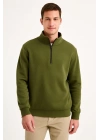 Erkek Dik Yaka Sweatshirt Dik Yaka Yarım Fermuarlı 3 İplik Şardonlu Pamuk Kumaş - Haki