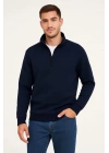 Erkek Dik Yaka Sweatshirt Dik Yaka Yarım Fermuarlı 3 İplik Şardonlu Pamuk Kumaş - Lacivert