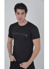Erkek Göğüste Fermuar Aksesuarlı Dar Kalıp T-Shirt - Siyah