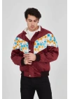 Erkek İçi Astarlı İçten Yaka Kısmı Peluşlu Beyaz Şeritli Vintage Ceket - Mürdüm