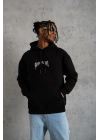 Erkek Kordon İpli Baskılı Kapüşonlu Sweatshirt - Siyah