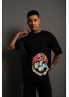 Erkek Mario Baskılı Oversize T-Shirt - Siyah
