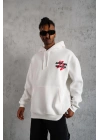 Erkek Şapkalı Güvercin Baskılı Kapşonlu Sweat - Beyaz