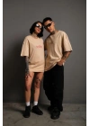 Erkek Sırt Baskılı Oversize T-shirt - Bej