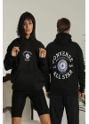 Erkek Sırt Baskılı Oversize Üç İplik Kapüşonlu Hoodie Sweatshirt - Siyah