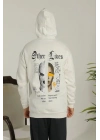 Erkek Sırt Baskılı Oversize Üç İplik Kapüşonlu Sweatshirt - Beyaz