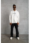 Erkek Sırt Baskılı Oversize Üç İplik Kapüşonlu Sweatshirt - Beyaz