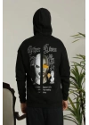 Erkek Sırt Baskılı Oversize Üç İplik Kapüşonlu Sweatshirt - Siyah
