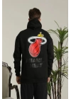 Erkek Sırt Baskılı Oversize Üç İplik Kapüşonlu Sweatshirt - Siyah