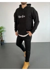 Erkek Sırt Baskılı Oversize Üç İplik Kapüşonlu Sweatshirt - Siyah