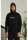 Erkek Sırt Baskılı Oversize Üç İplik Kapüşonlu Sweatshirt - Siyah