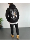Erkek Sırt Baskılı Oversize Üç İplik Kapüşonlu Sweatshirt - Siyah