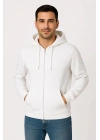 Erkek Üç İplik Kapüşonlu Tam Fermuarlı Kanguru Cepli SweatShirt Hoodie - Beyaz