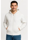Erkek Üç İplik Kapüşonlu Tam Fermuarlı Kanguru Cepli SweatShirt Hoodie - Beyaz