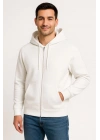 Erkek Üç İplik Kapüşonlu Tam Fermuarlı Kanguru Cepli SweatShirt Hoodie - Beyaz