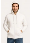 Erkek Üç İplik Kapüşonlu Tam Fermuarlı Kanguru Cepli SweatShirt Hoodie - Beyaz