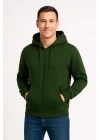 Erkek Üç İplik Kapüşonlu Tam Fermuarlı Kanguru Cepli Sweatshirt Hoodie - Haki