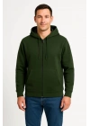 Erkek Üç İplik Kapüşonlu Tam Fermuarlı Kanguru Cepli Sweatshirt Hoodie - Haki