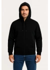 Erkek Üç İplik Kapüşonlu Tam Fermuarlı Kanguru Çepli SweatShirt Hoodie - Siyah