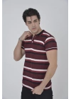 Erkek Yakalı Slim Fit Dokuma Çizgili T-Shirt - Bordo