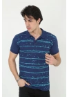 Erkek Yakalı Slim Fit Pike Çizgili T-Shirt - Mavi