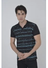 Erkek Yakalı Slim Fit Pike Çizgili T-Shirt - Siyah