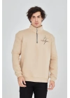 Erkek Yarım Fermuarlı Baskılı Sweat - Bej