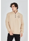 Erkek Yarım Fermuarlı Baskılı Sweat - Bej