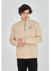 Erkek Yarım Fermuarlı Baskılı Sweat - Bej